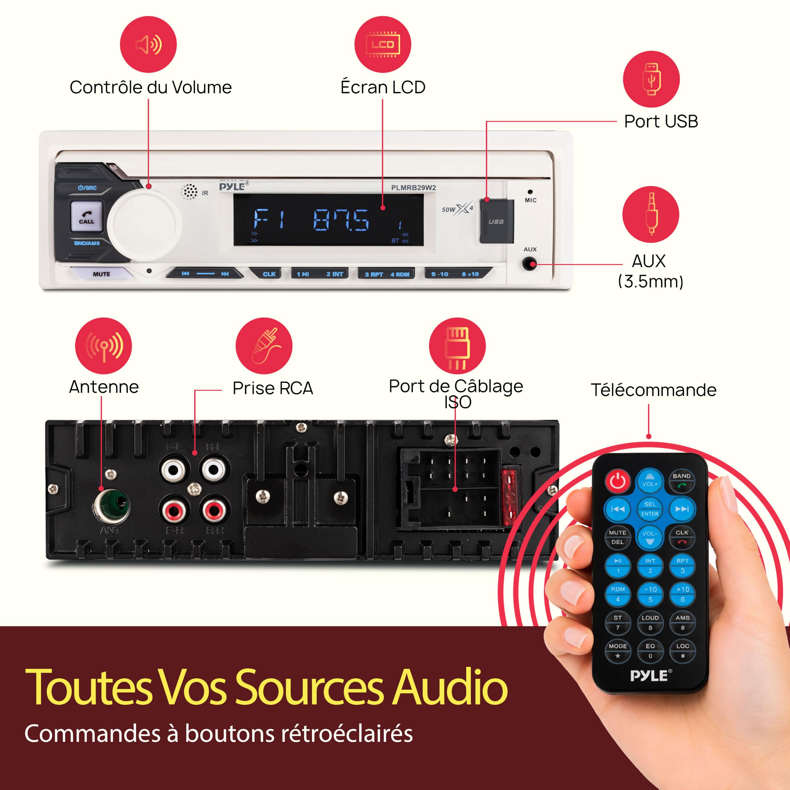 Pyle Autoradio Bluetooth Marin Single DIN, Récepteur Bateau Voiture - Blanc