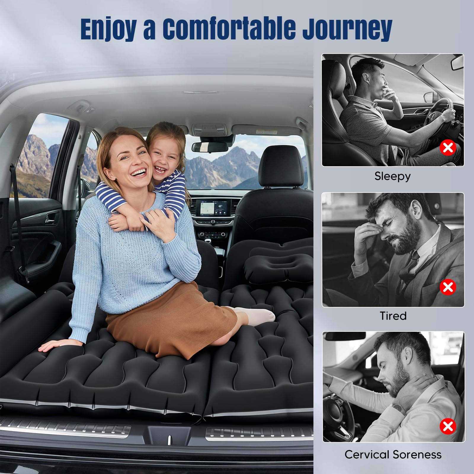 Matelas Gonflable Voiture, Matelas de Camping SUV pour Coffre et Banquette Arrière, Pompe 12V Incluse + 2 Oreillers ,2 Remplisseurs, Surface Flockée Douce Étanche, Convient Voiture RV MPV Fourgonnette