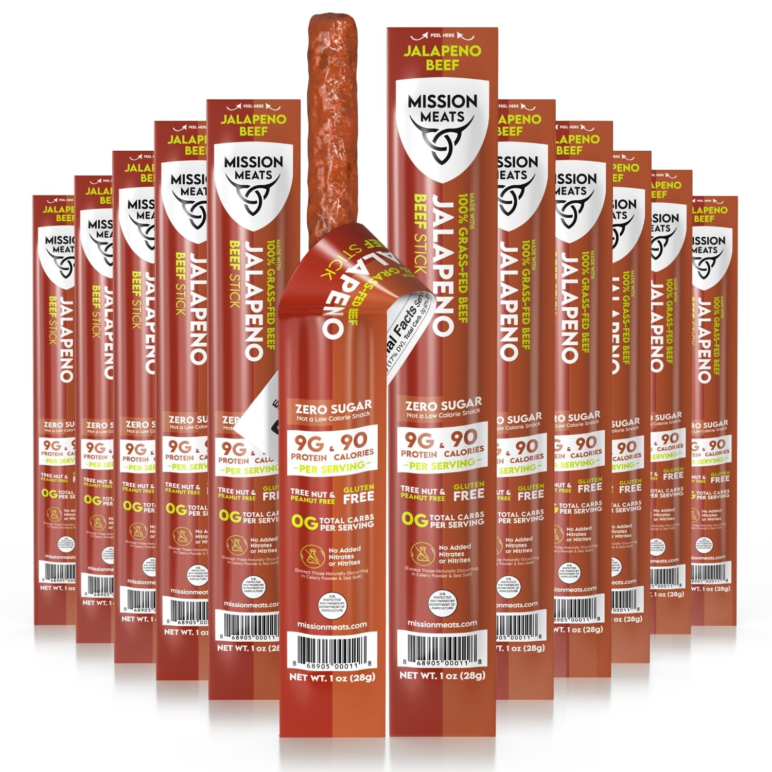 Mission Meats TASTY & SPICY Non-GMO Grass-Fed Beef Sticks Gluten Free MSG Free Nitrate Nitrite Free Paleo Snacks Keto Healthy Natural Sticks 12 piece