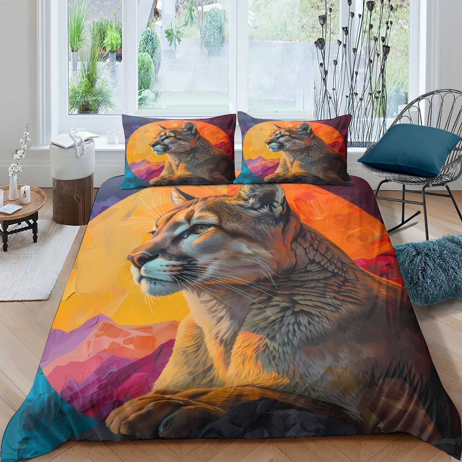 Ctjqhvkz Style-6 3D Printed Wild Cougar Fitted Sheet Microfiber Orange Sunset Mattress Cover For Bedroom Dorm Room Home Decor Single（135X200cm）