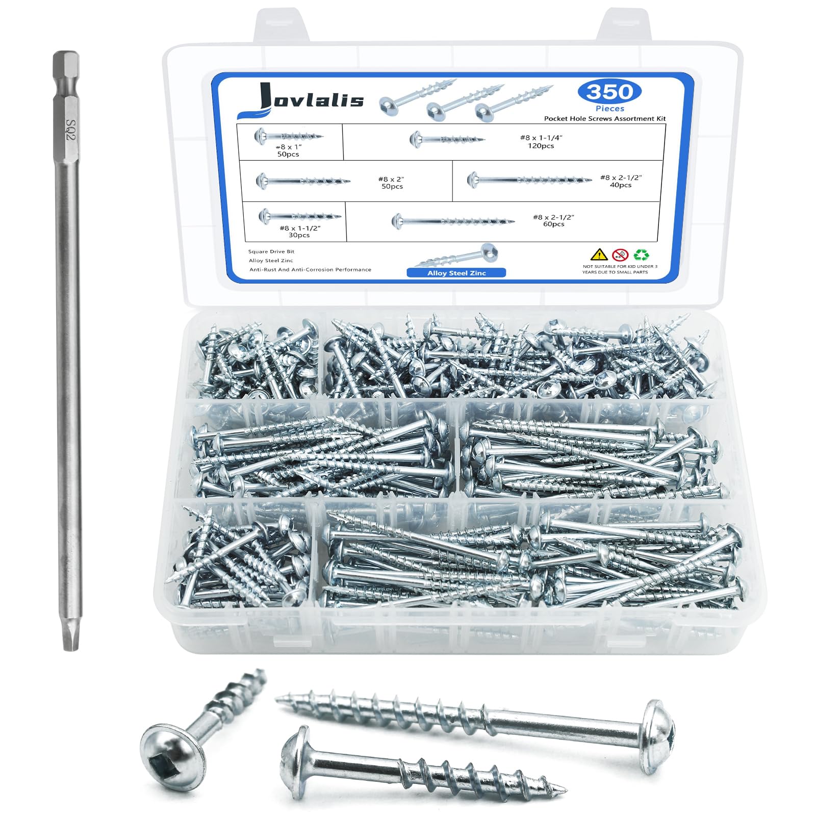 Set mit 350 Stück Taschenlochschrauben, 5 Größen #8 x 1, 3,2 cm, 3,8 cm, 3,8 cm, 5,1 cm, 6,3 cm, 6,3 cm, Grobgewinde, Holzschrauben, Zinkbeschichtung, inklusive Antriebsbit