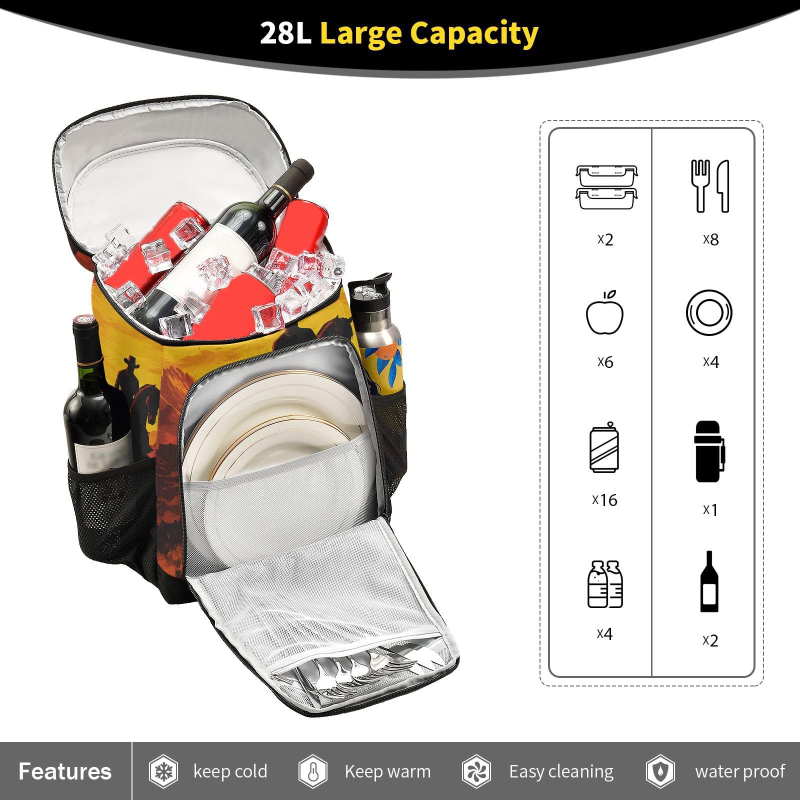 Western Cowboy Desert Old Sunset Cooler Backpack Cooler Insulated Leak Proof Lunch Backpack 36 Cans Waterproof Soft for Men Women Picnic Hiking Camping Beach