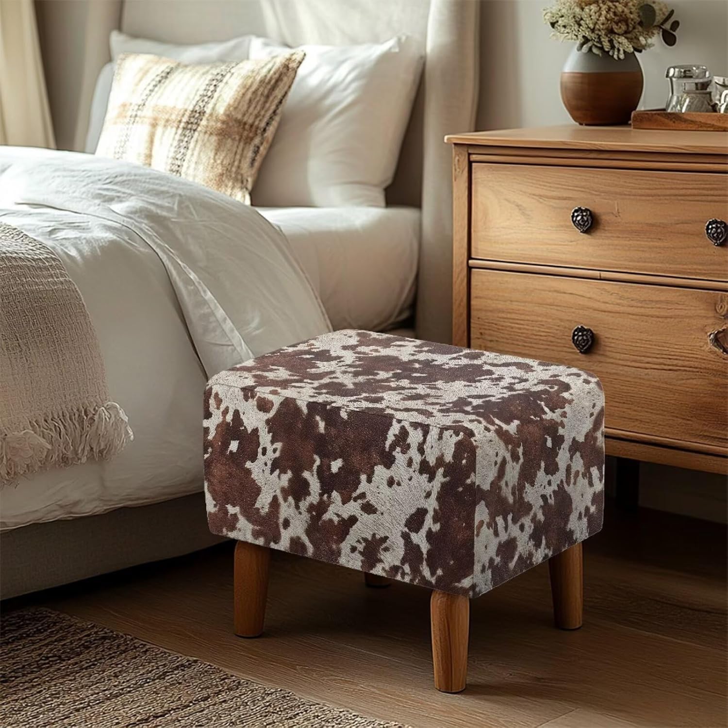 Talayituse Brown Cow Vintage Print Ottoman Slipcover Stretch Rectangle Footstool Slipcover Anti-Scratch Folding Storage Ottoman Covers for Living Room with Elastic Bottom, S