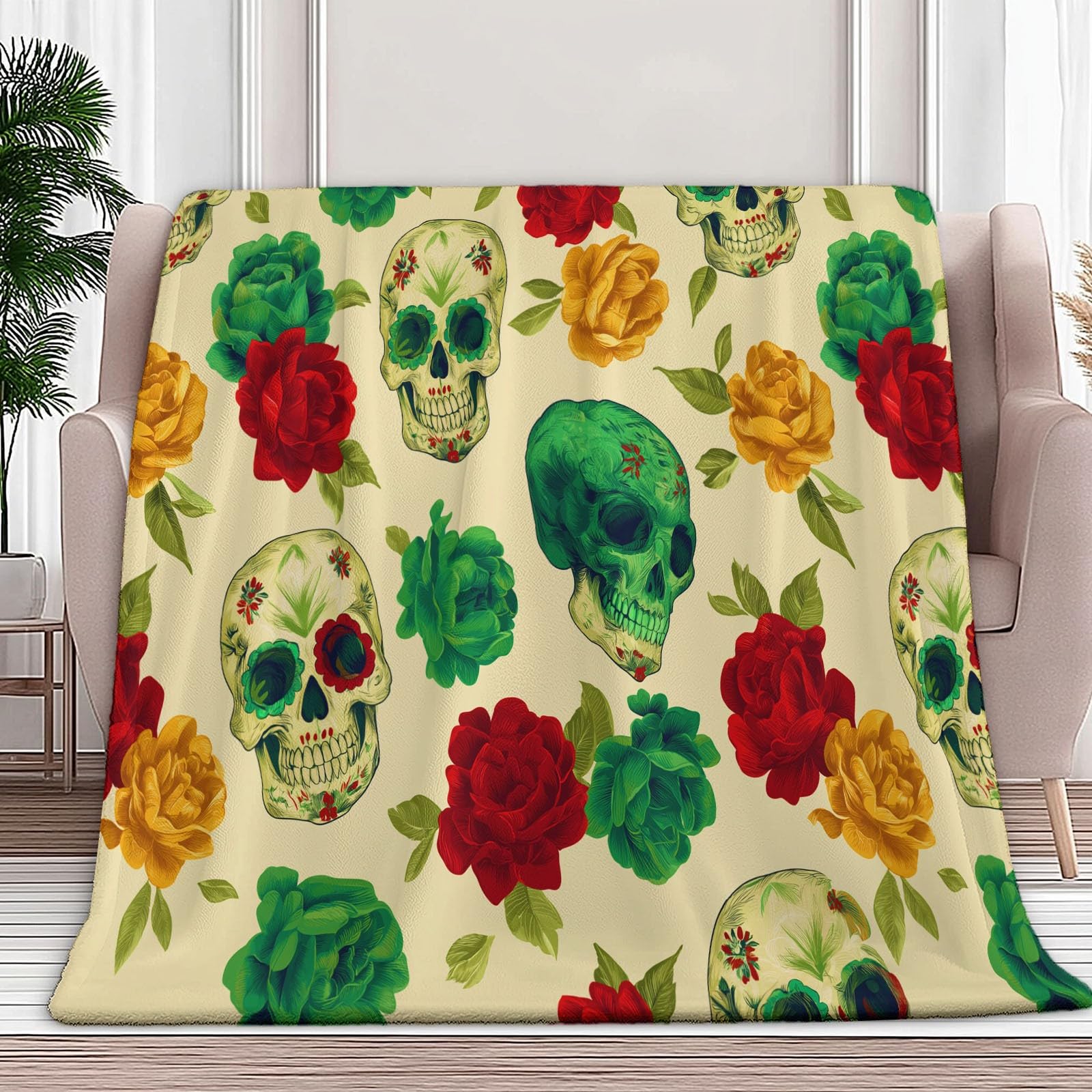 Genérico Polarowy koc flanelowy dla dzieci i dorosłych 200 x 200 cm, koce na sofę z nadrukiem wykwintny wzór czaszki szkielet kwiaty - kremowy miękki ciepły ciepły żółty koc oddychający lekki