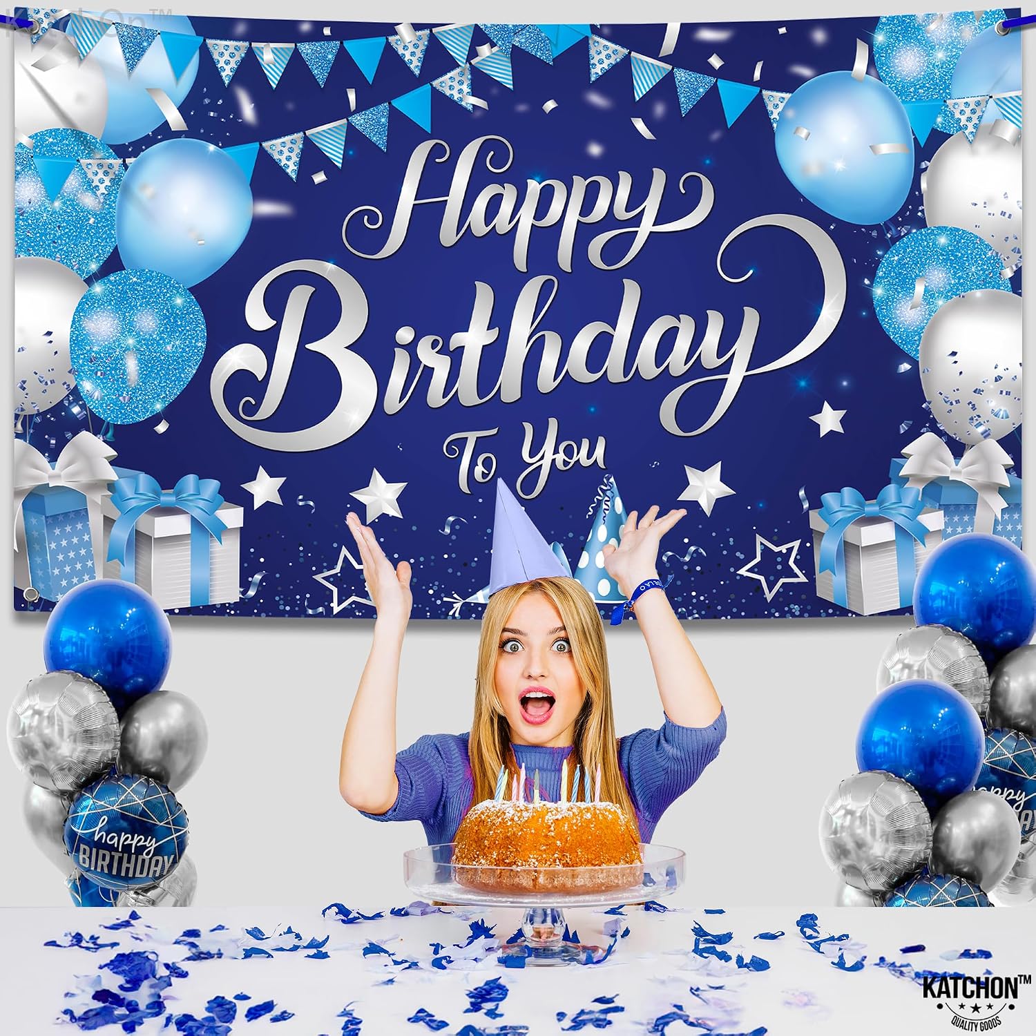 KatchOn, Silver and Blue Happy Birthday Banner - XtraLarge, 72x44 Inch | Backdrop Banner for Happy Birthday Decorations | Blue Party Decorations, Silver Party Decorations