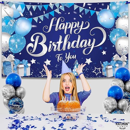 Miniatura 7 de KatchOn, Pancarta de feliz cumpleaños azul y plateado, extragrande de 72 x 44 pulgadas, telón de fondo de feliz cumpleaños para mujer, pancarta de