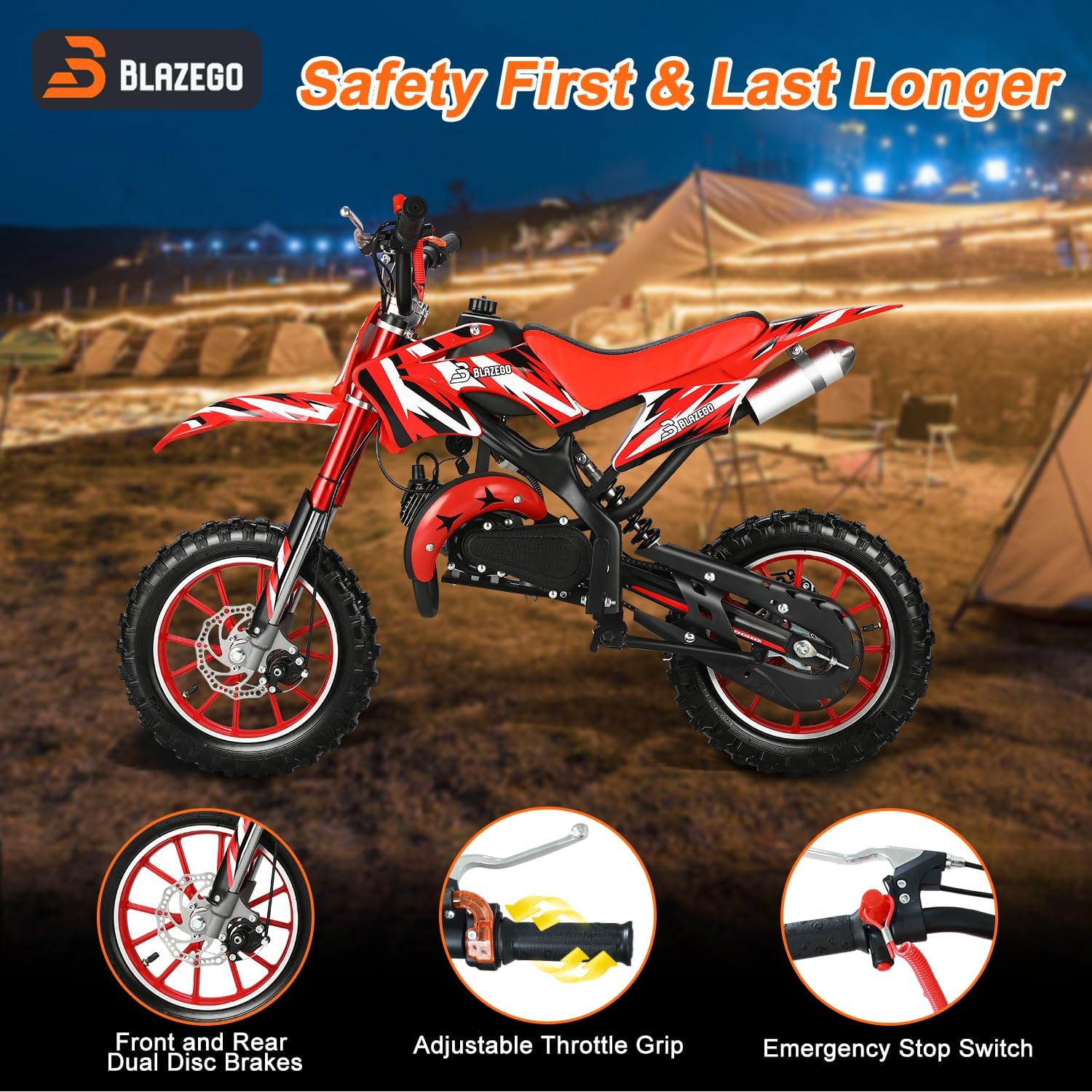 49cc Kids Dirt Bike, 2-Stroke Gas Powered Dirt Bike, Motorcycle with Off-Road Tires, Front/Rear Disc Brakes, Shock Absorption, Soft Seat Cushion, Mini Dirtbike for Kids 8-14, Red