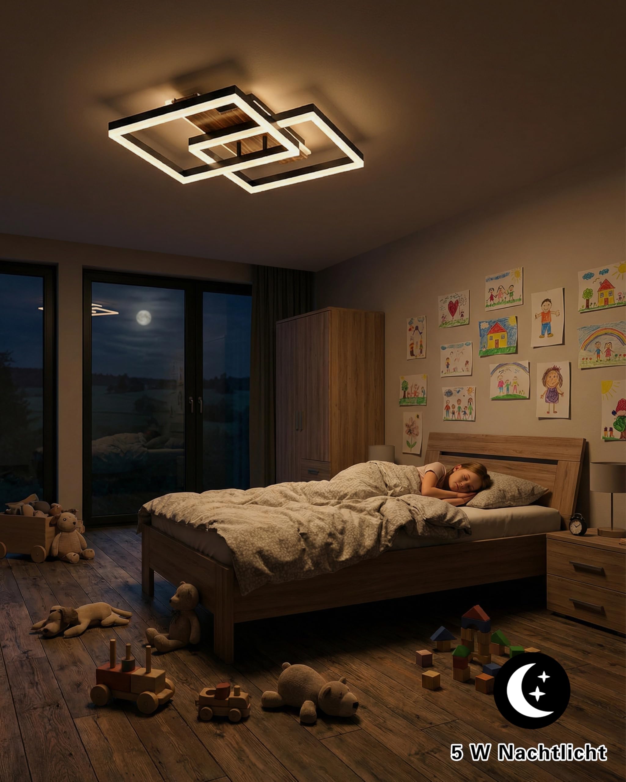 LED Deckenleuchte Holz dimmbar, Massivholz schwarz Vintage Deckenlampe, 48W 50cm 4000lm 3000-6000K mit Fernbedienung, Schlafzimmerlampe Wohnzimmerlampe, Memory-Funktion, 5W Nachtlicht