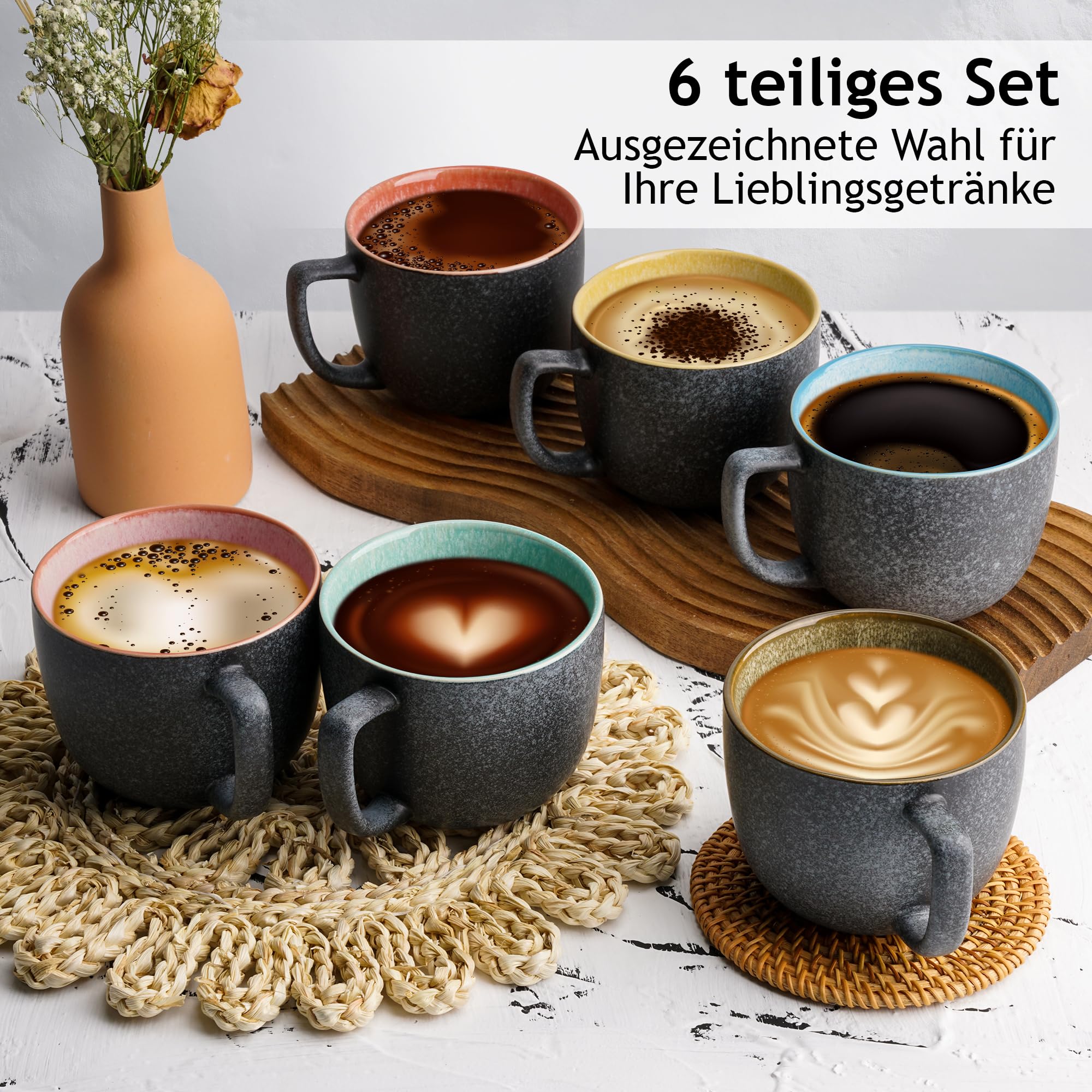 MIAMIO - Las Palmitas Kaffeetassen 6er Set - 6 große bunte Steingut-Tassen 470 ml - Kaffeebecher & Teetassen für Cappuccino, Latte Macchiato & Tee