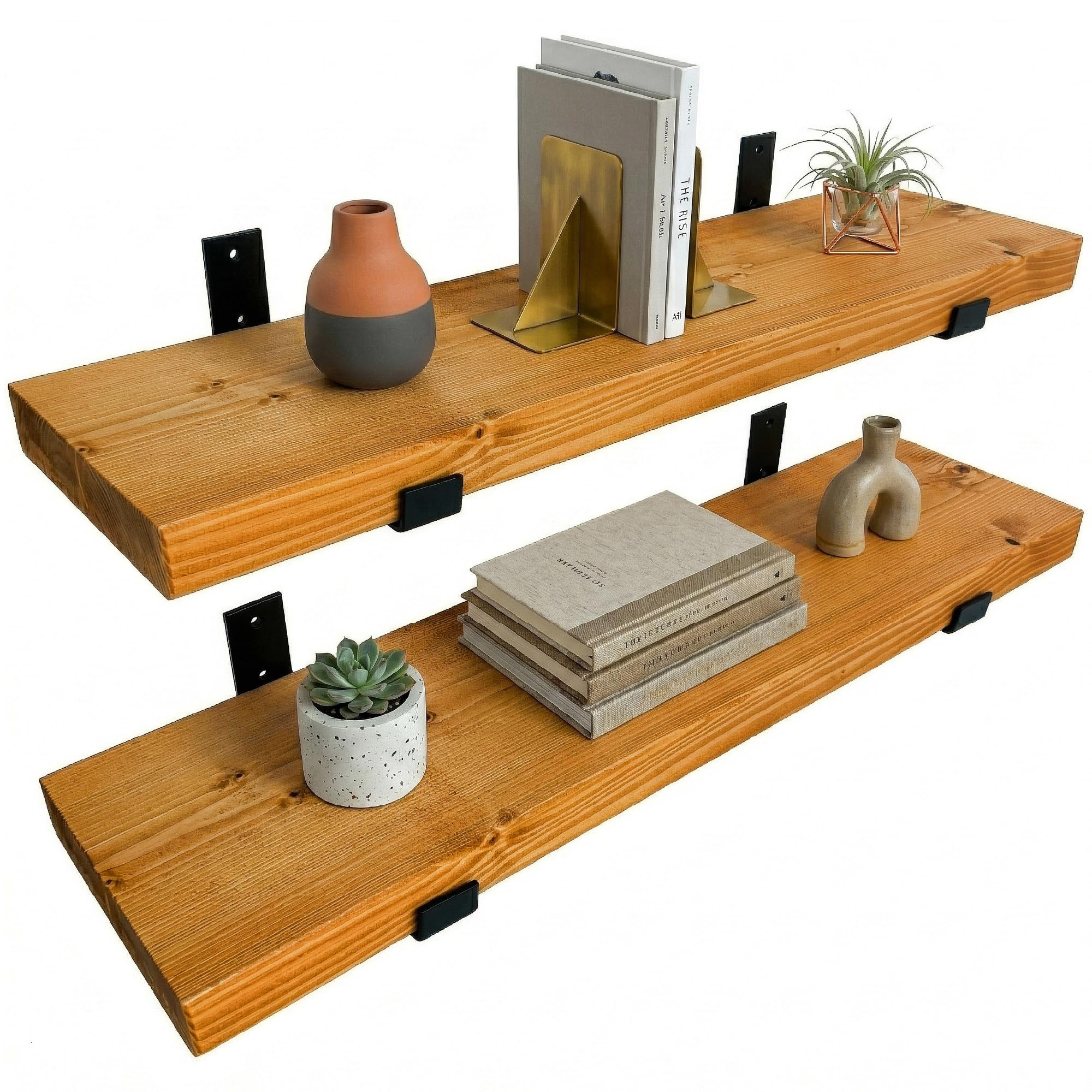 Top Notch Home & Living Pack of Two Handcrafted Rustic Wooden Wall Shelves, Incl 2 Up Brackets per Shelf, Wood Shelf Made in the UK from Solid Timber, Heavy Duty for Kitchen, Bathroom & Living Room โ image 1