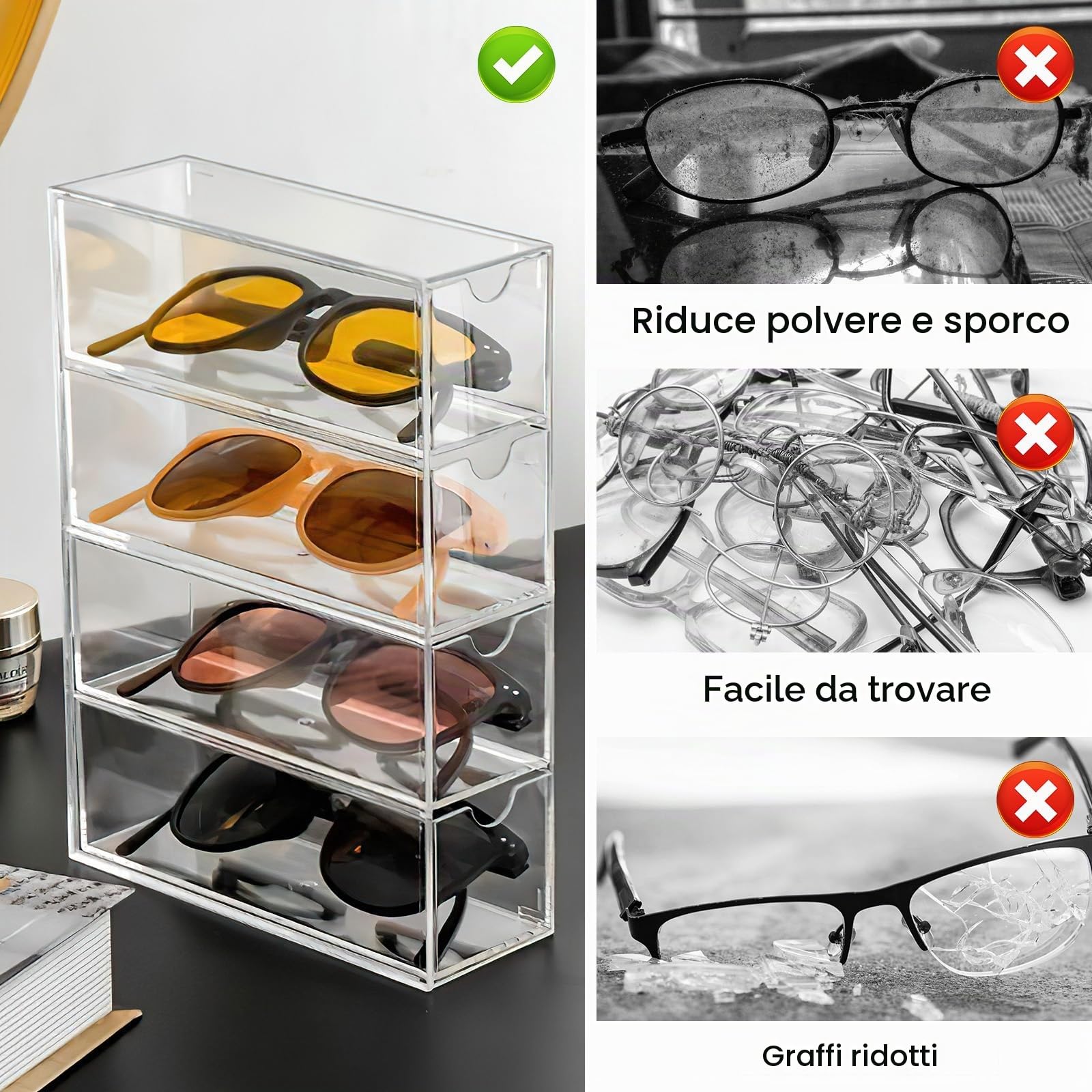 Scatola di immagazzinaggio trasparente per occhiali, 2 pezzi, organizer per occhiali da sole, 4 cassetti per occhiali, orologi e gioielli