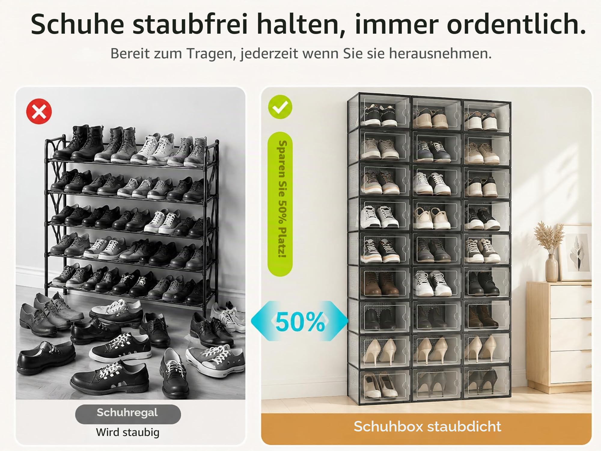 Kuject Große Schuhboxen für Schrank, passend für Größe 46, transparente Kunststoff-Stapelbare Sneaker-Behälter mit Deckel, großartiger Ersatz für Schuhregal, schwarz, 12 Stück