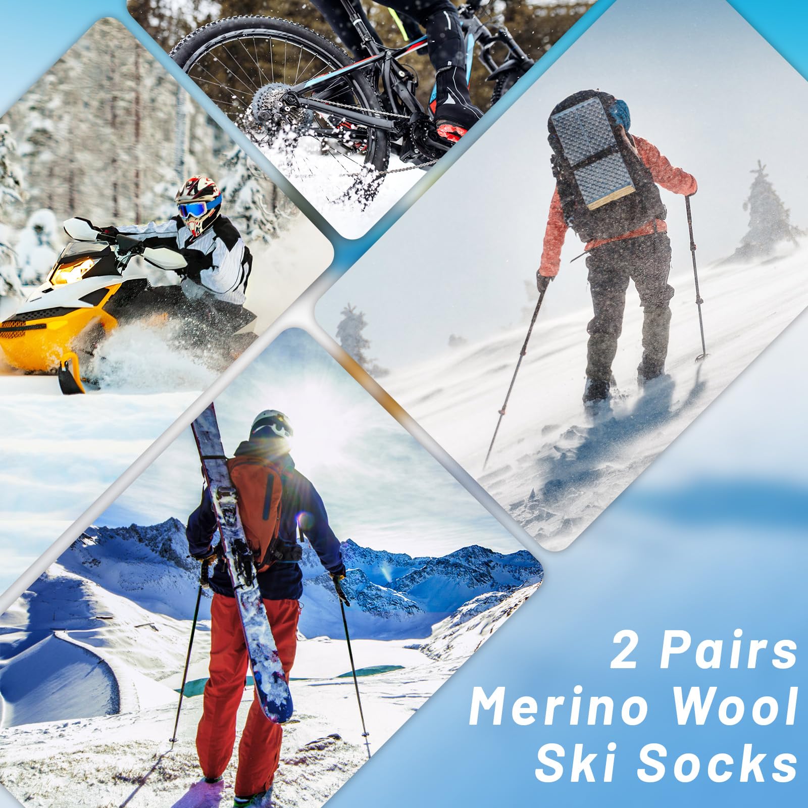 2 Pares Calcetines Esqui Lana Merino, Calcetines de Esquí Hombre para Esquiar, Snowboard y Deportes de Invierno al Aire Libre