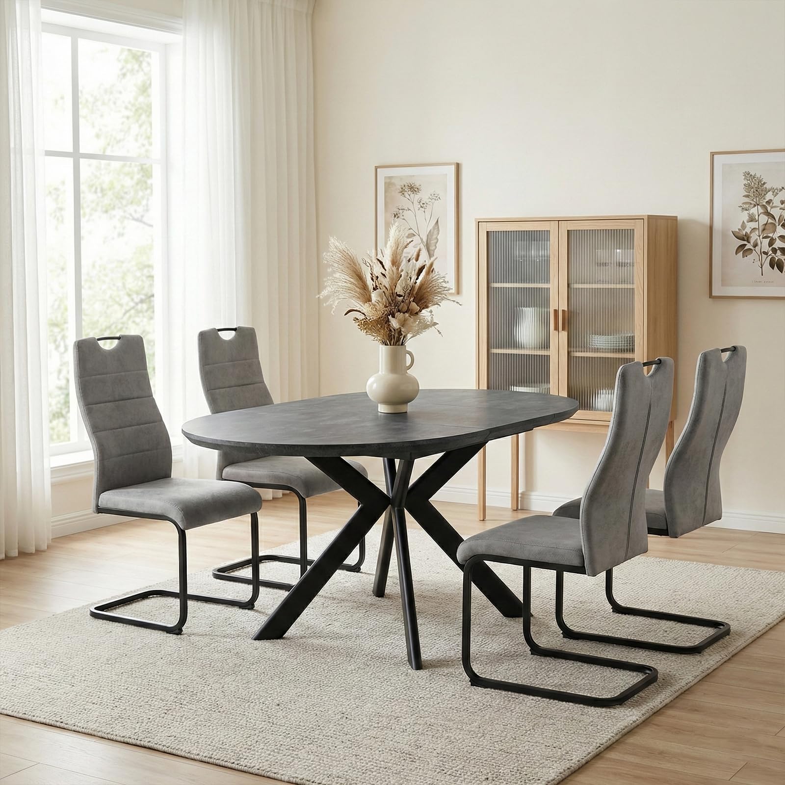 JIEXI Esszimmerstühle 4er Set, Freischwinger Schwingstuhl, Hohe Rückenlehne, Wohnzimmerstuhl 150kg belastbar, Moderner Designstuhl für Esszimmer Küche, Grau