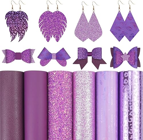 6 hojas de cuero sintético de 8 x 12 pulgadas, color morado oscuro, purpurina fina y gruesa, holográfica, mariposa, leopardo, litchi, tela de piel