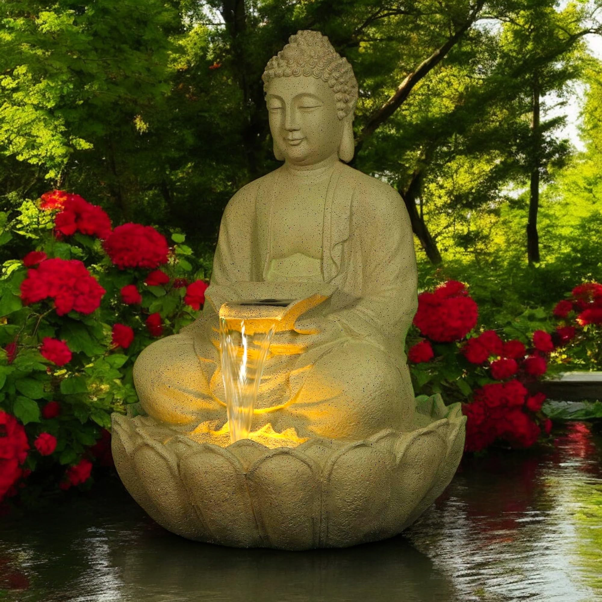 Swadeshi Decors Kamal Buddha Water Fountain Big Size|3 Feet Kamal Buddha Fountain with LED Lighting for Outdoor|Water Fountain for Home & Garden (Beige, 3 Feet),Resin - Image 5 thumbnail