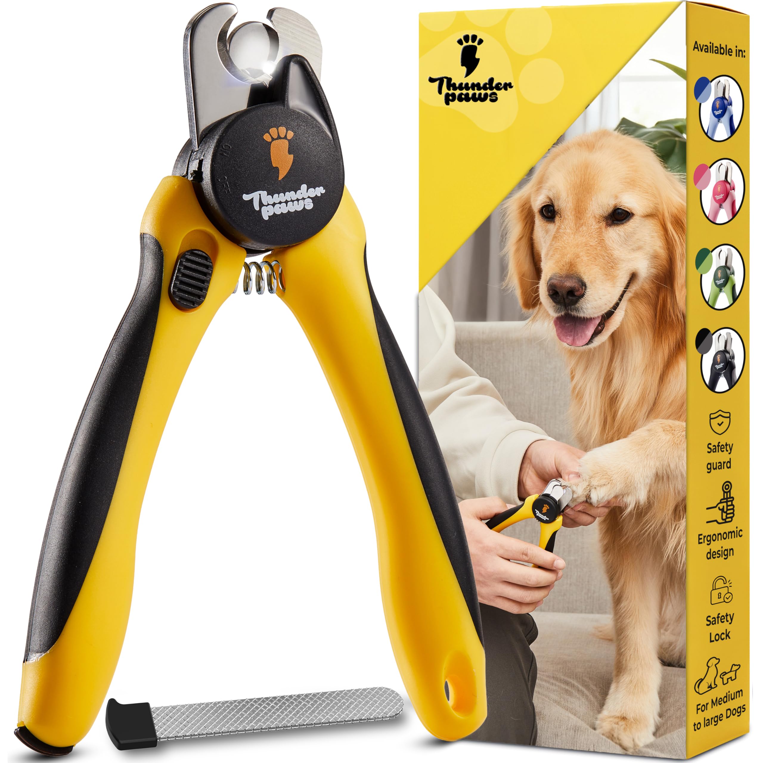 LED Dog Nail Clippers with Light, Trimmers with Protective Guard, Quick Sensor, Safety Lock and Nail File - Suitable for Large and Small Dogs & Cats (Yellow, LED)