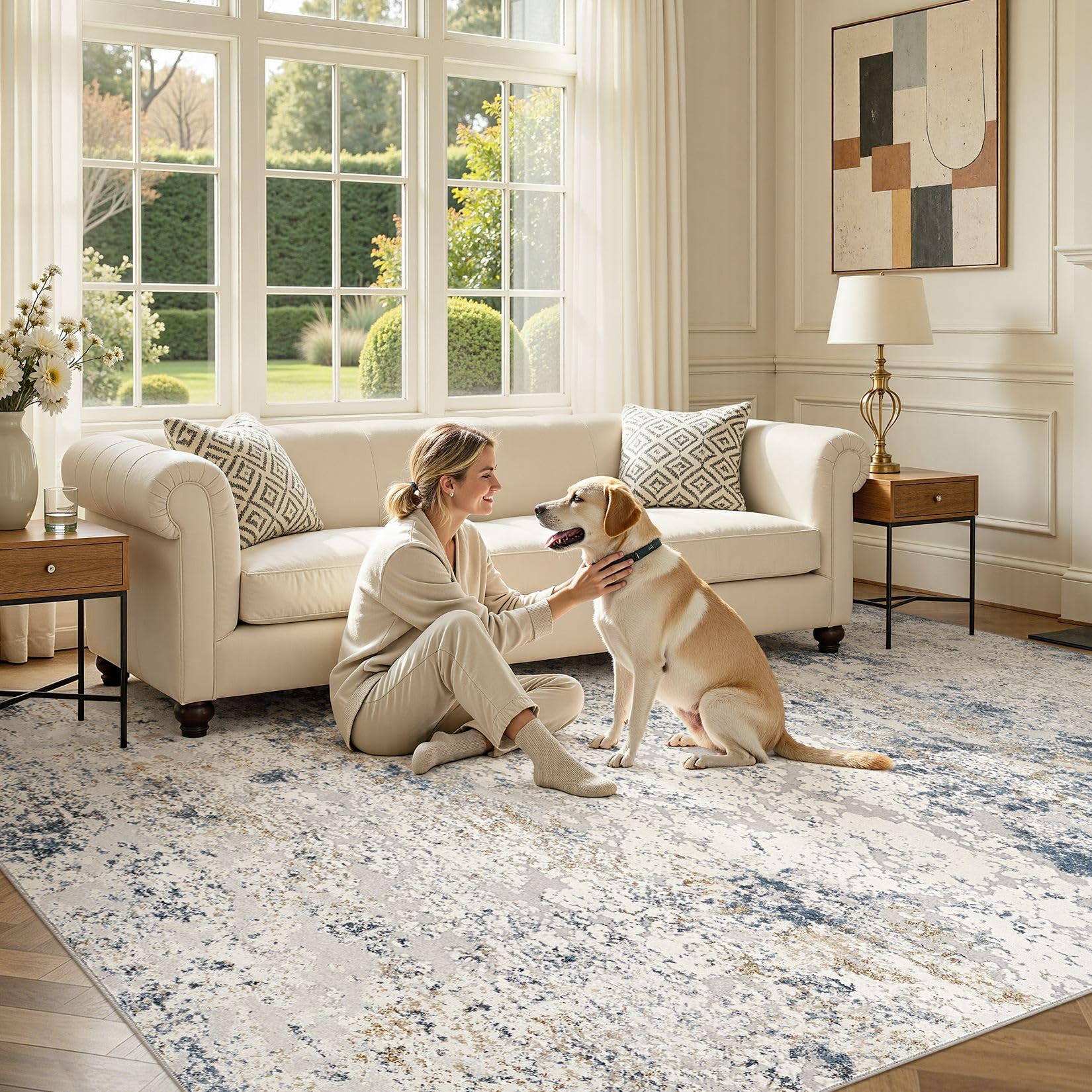 DMOYEST Teppich Wohnzimmer 200x300cm Modern Beige Blau Waschbar | Kurzflor Weich Maschinenwaschbar Rutschfest, Kinder und Haustierfreundlich für Schlafzimmer, Esszimmer und Büro