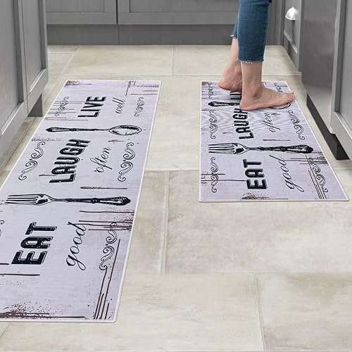 Miniatura 5 de Carvapet Juego de 2 alfombras de cocina antideslizantes para tapete de cocina, diseño de lema, blanco rubor (17 x 48 + 17 x 24 pulgadas)