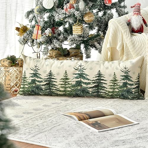 Miniatura 4 de AVOIN colorlife Funda de almohada lumbar extra larga con diseño de árboles de Navidad, copos de nieve, 14 x 36 pulgadas, funda de almohada de cuerpo
