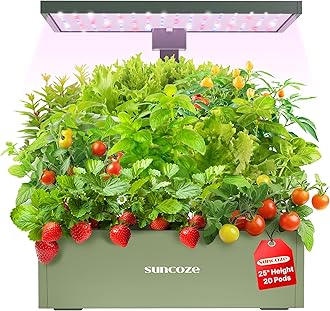 SUNCOZE Hydroponics Growing System Kit 20 Pods, Indoor Herb Garden with Grow Light 30W, 10L Large Water Tank with Adjustable Height to 25", Built-in Pump, Gardening Gifts, Avocado Green