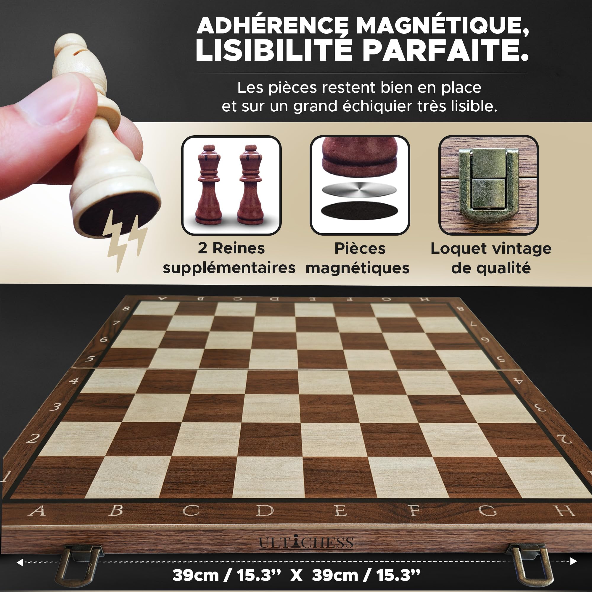 Echiquier Bois 39x39 cm Pliable | Jeu d’Échecs Magnétique et Jeu echec Pliable | Échiquier avec Sac & carnet de Partie – Cadeau éducatif, Jeu echec Adulte Enfant