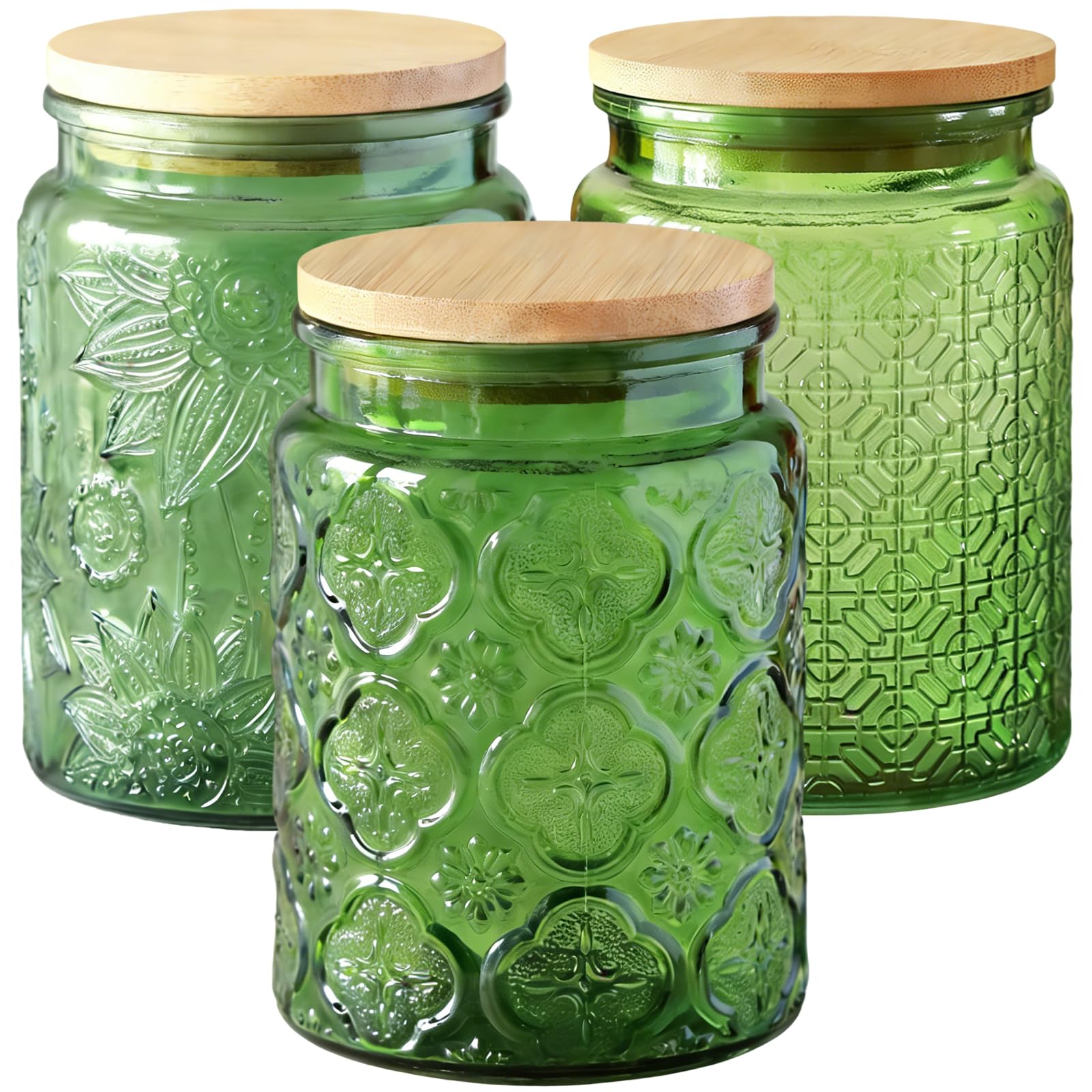 Tel Charme * 3-Pack 700ml Glass Jars with Bamboo Lids, Airtight Vintage Glass Storage Canisters for Kitchen Pantry Coffee Sugar Tea Flour Snacks (Green)