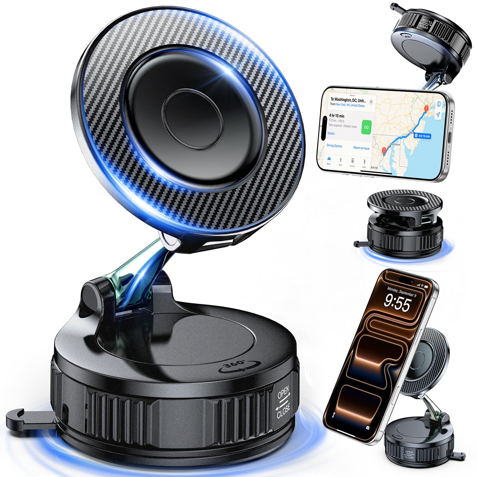 Car Phone Holder for Magsafe – [Carbon Fiber] Phone Mount for Car [Super Strong Magnetic, 360° Adjustable, 108LBS Vacuum Suction] Phone Holders for Your Car, Car Accessories for iPhone 17–12 Series - 1