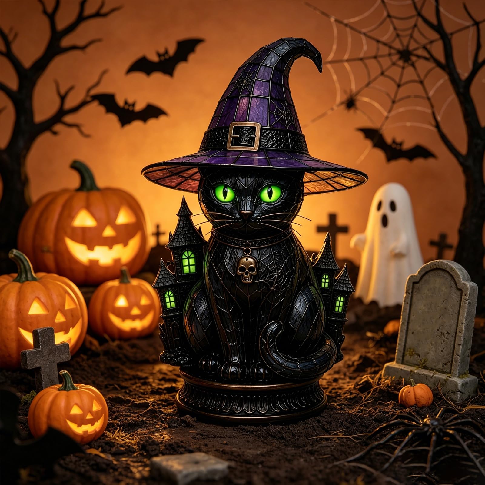 sexaoalx Stained Glass Witch Hat Lamp, Gothic Black Cat Night Light