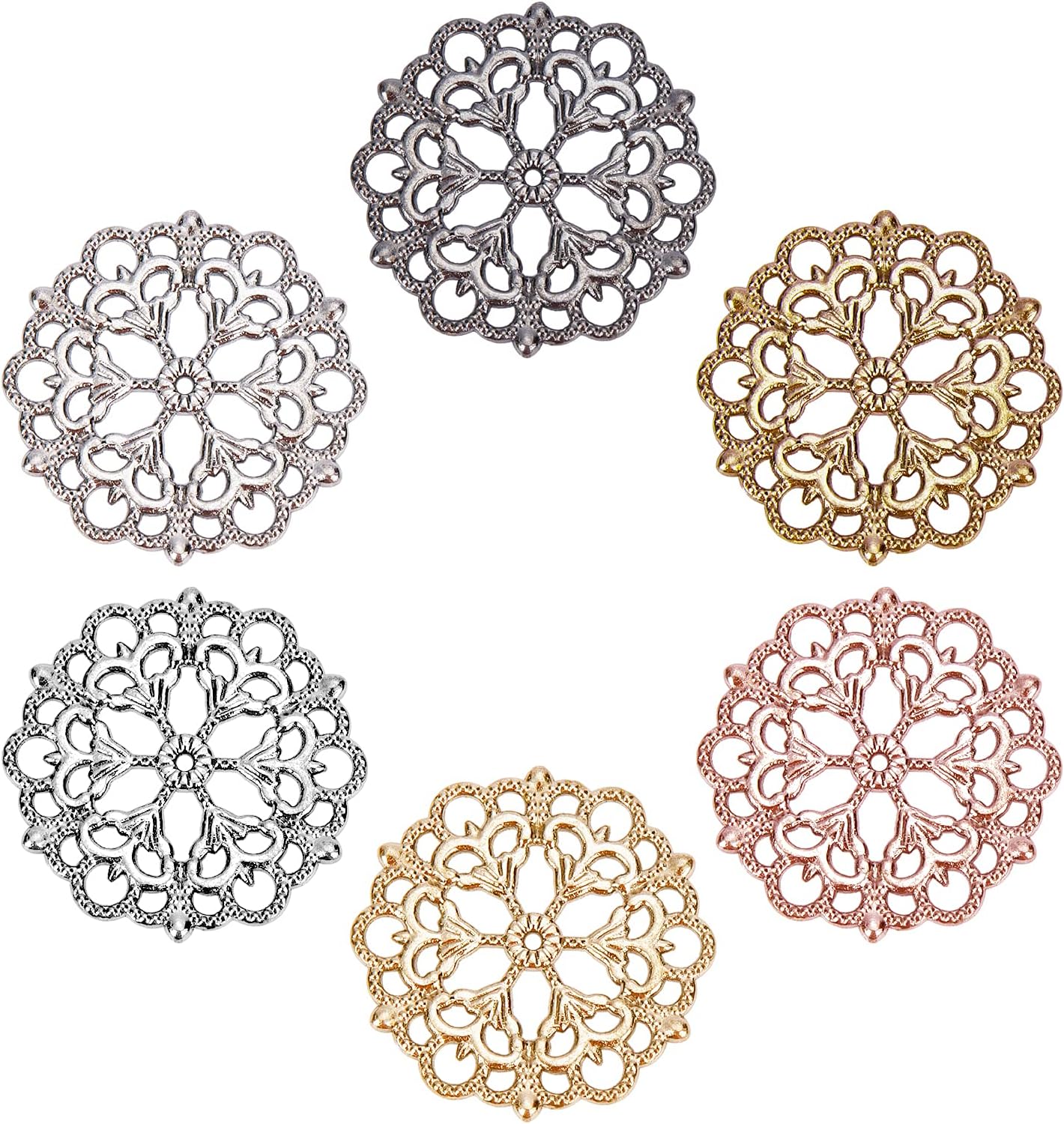 PH PandaHall 6 Colors 60pcs Flower Filigree Connector Tibetan Charm Pendants Round Filigree Metal Embellishments Findings for DIY Hairpin Necklace Jewelry Making, 29mm/1.14 inch