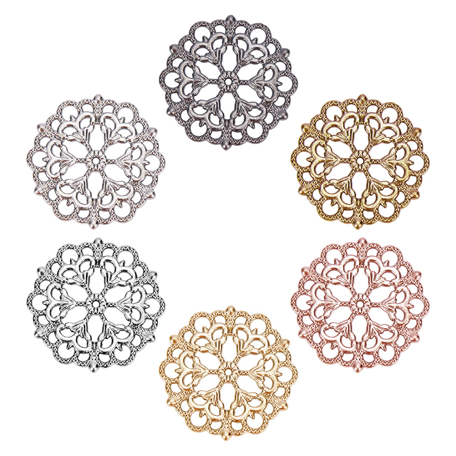 PH PandaHall 6 Colors 60pcs Flower Filigree Connector Tibetan Charm Pendants Round Filigree Metal Embellishments Findings for DIY Hairpin Necklace Jewelry Making, 29mm/1.14 inch