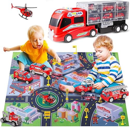PANITU Juego de juguetes de camión de bomberos grande fundido a presión con tapete de juego mini emergencia de rescate en camión de transporte con