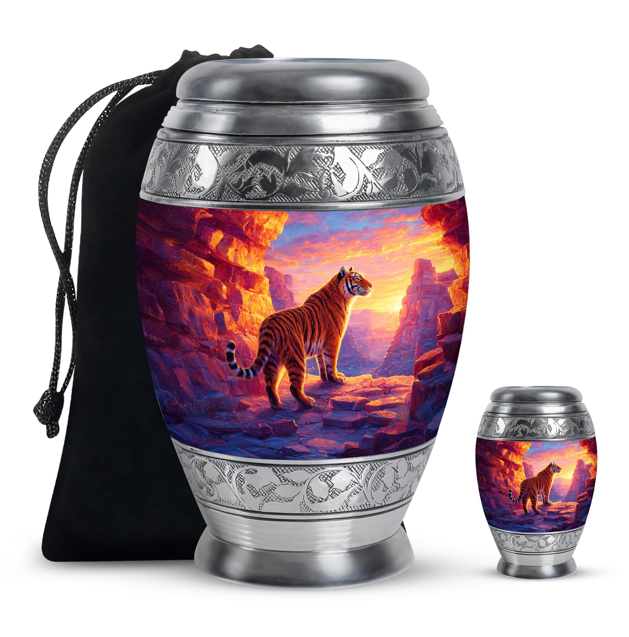 Tiger Urn, Funeral Urns for Grandparents, Ash Container for Family, Urn for Human Remains, Burial Urns for Grandfather and Grandmother, 10 Inch Tall, 3 Inch Keepsake, Blue and Orange