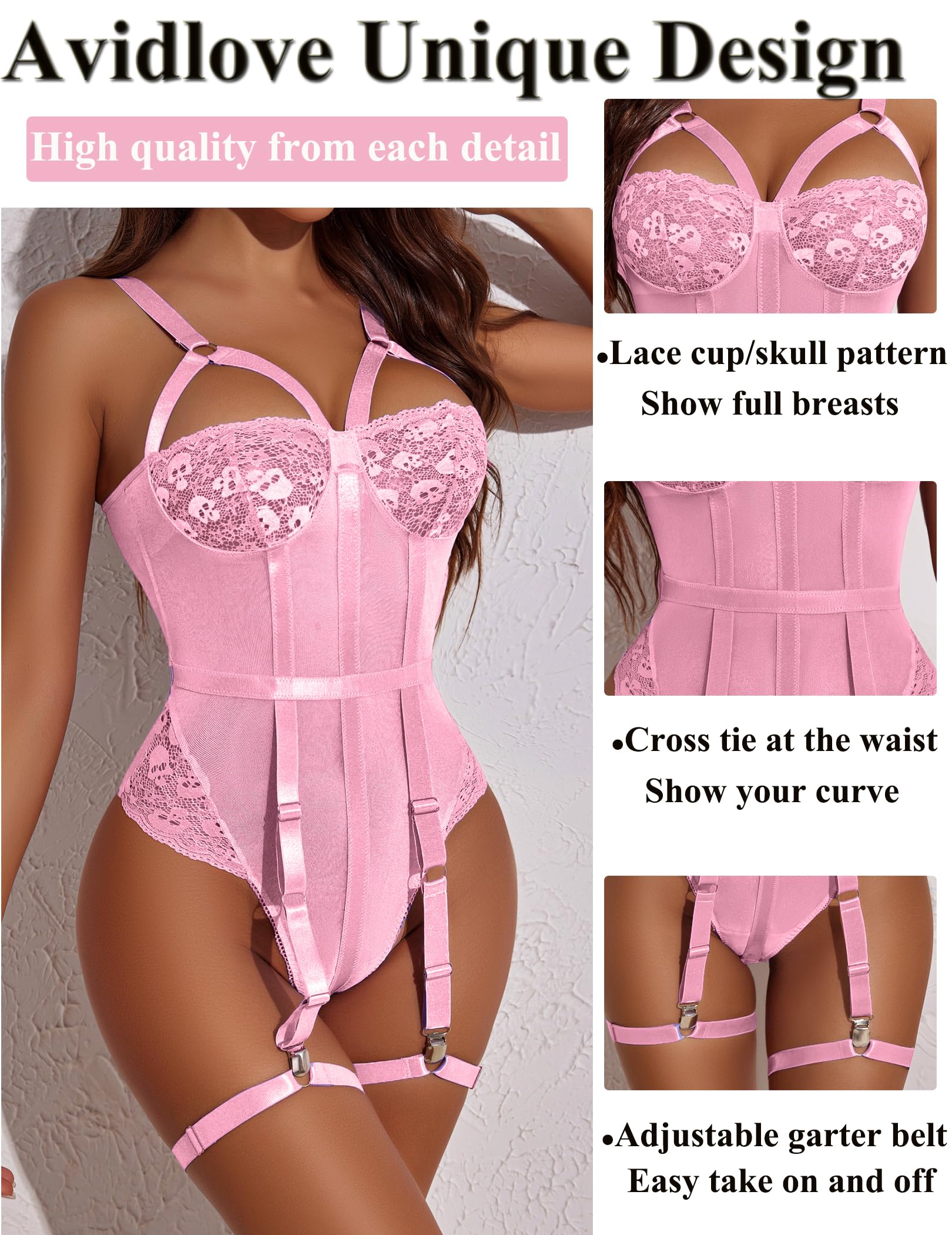 Avidlove Lingerie Sets for Women Sexy Lace Skull Corset with Garter Belt One Piece Teddy Bodysuit: Large Pink