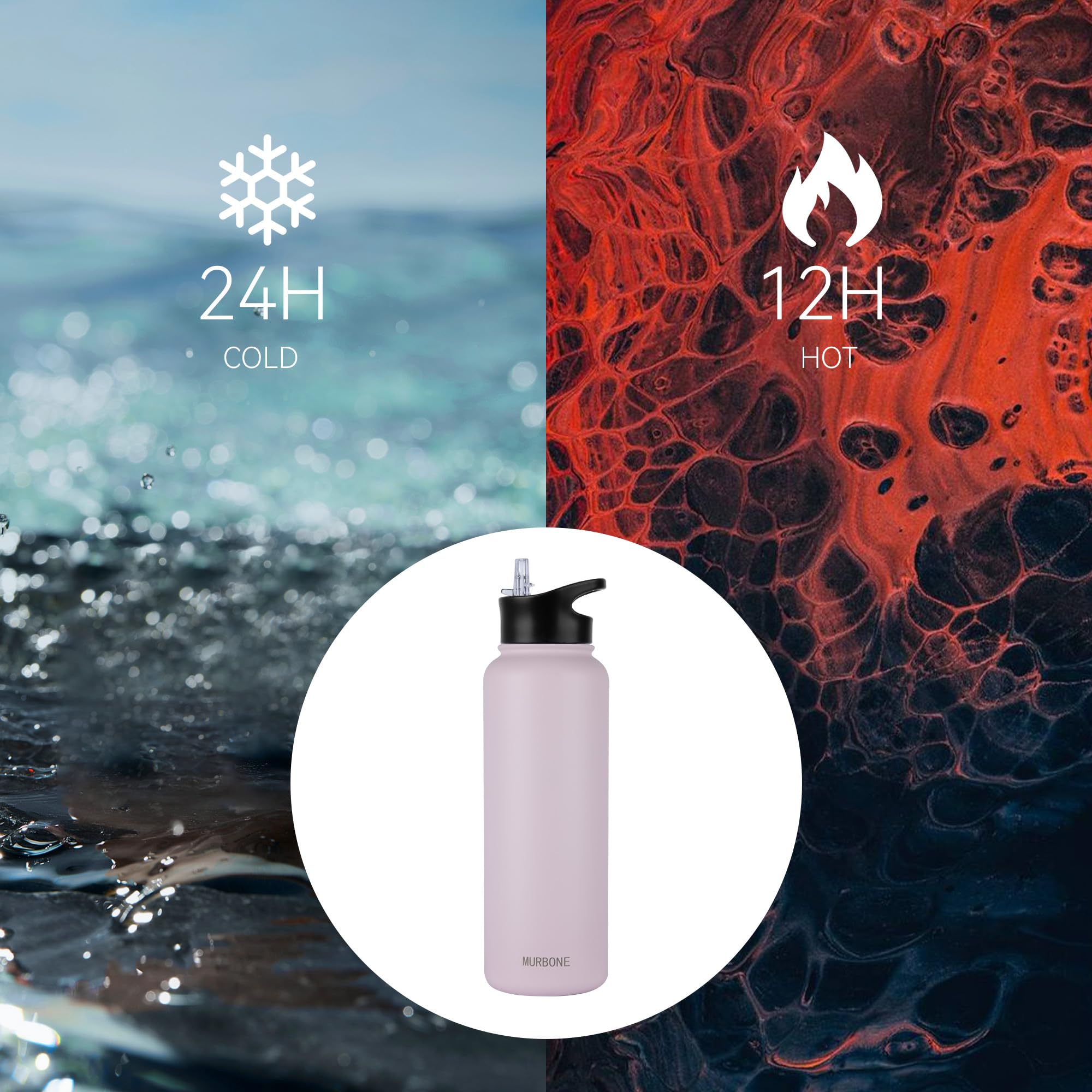 MURBONE Insulated Water Bottle, 1.2L Stainless Steel Drink Flask with Straw, BPA Free, 2 Lids (Straw Lid and Spout Lid) - Image 2