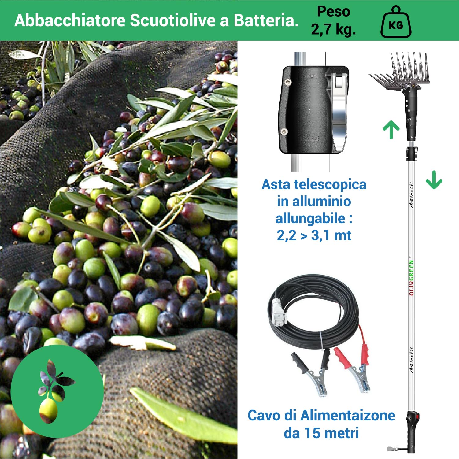 Crisalide® - Minelli OlivGreen A3 Scuotitore Raccogli Olive Abbacchiatore Scuotiolive a Batteria - Nero