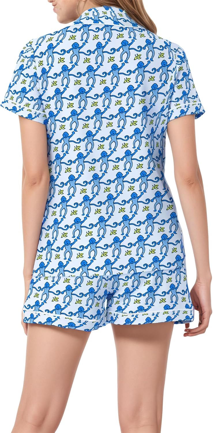 Ammiko Womens Pajamas Set Y2k Loungewear Pajama Button Down Top and Shorts Monkey Beach Short Sleeve Sleepwear Preppy - Image 2