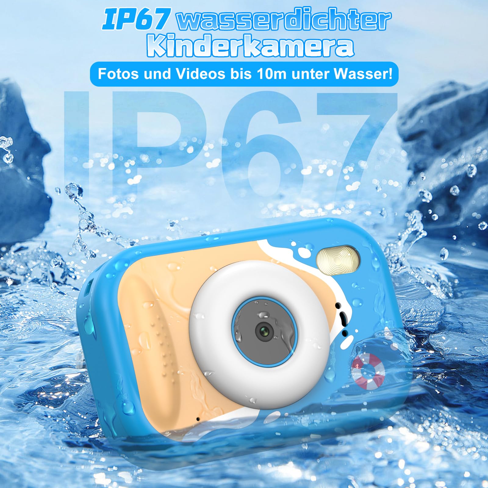 CHAKEYAKE Unterwasserkamera, IP67 wasserdichte Digitalkamera mit 32GB Karte, 1080P 10X Zoom Kinderkamera, Geschenk für Jungen und Mädchen 3–12 Jahre, Strand und Pool Spielzeug, Blau - 2