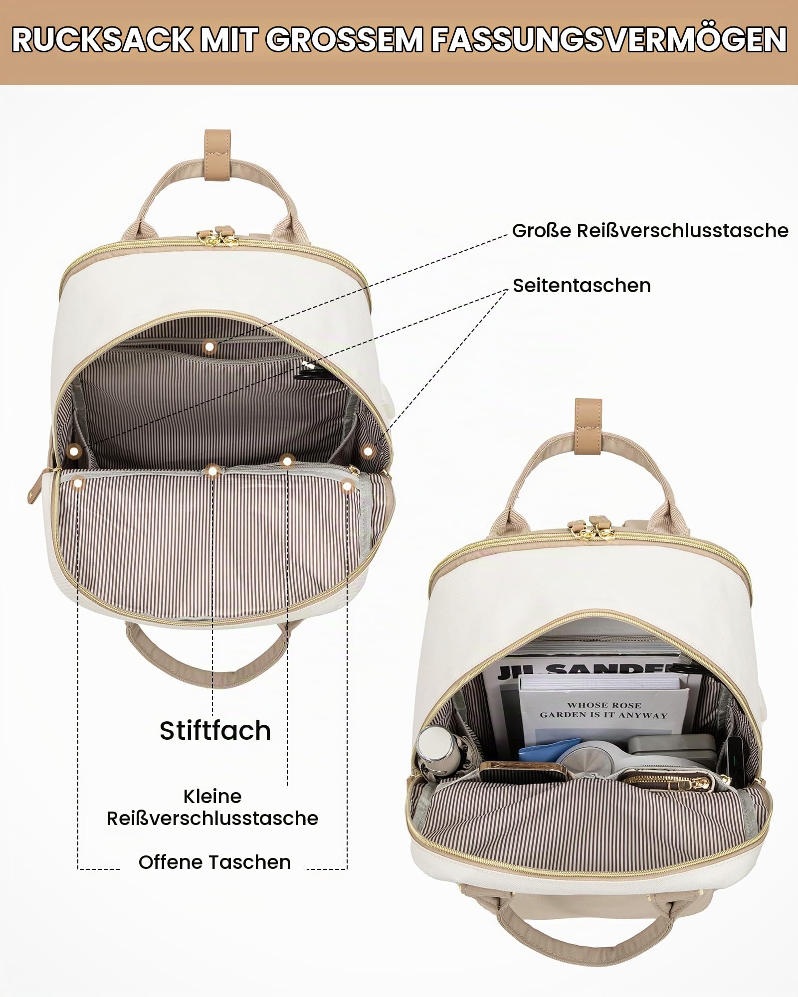 LOVEVOOK Rucksack Damen, 17 Zoll Laptop Schulrucksack Reiserucksack Wasserdicht Arbeitstasche Backpack Women Groß Schultasche Teenager Mädchen Elegant für Schule Uni Reise Arbeit Büro, Beige