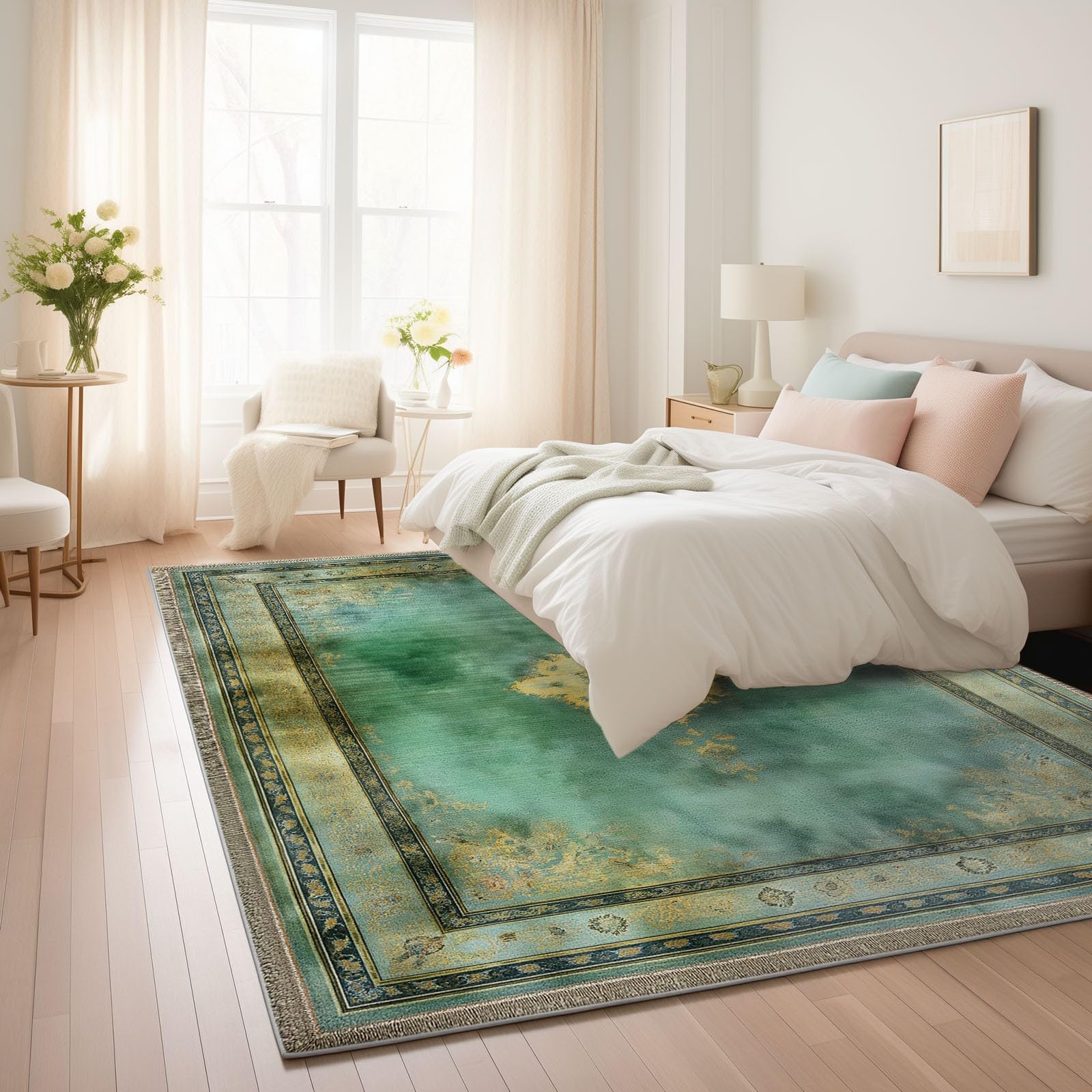 Tapis Moelleux de Salon Moelleux Rétro Ethnique Floral Adaptés à la Chambre à Coucher des Enfants décor à la Maison de la Chambre à Coucher décoration intérieure Tapis - Vert sauge 120 x 180cm