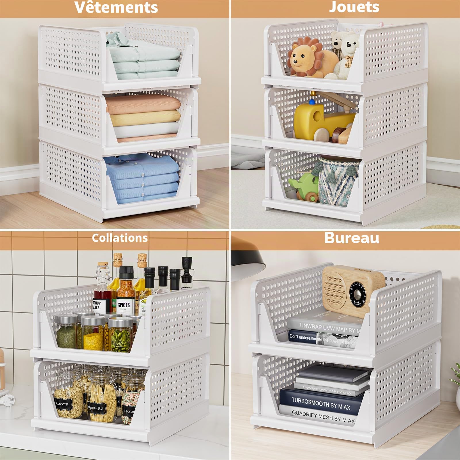 Lot de 4 Rangement Vetement, Organisateur Armoire Vetement, Boite de Rangement Empilable Plastique pour Placard, Chambre à Coucher, Salle de Bain, Cuisine(4 L), Blanc