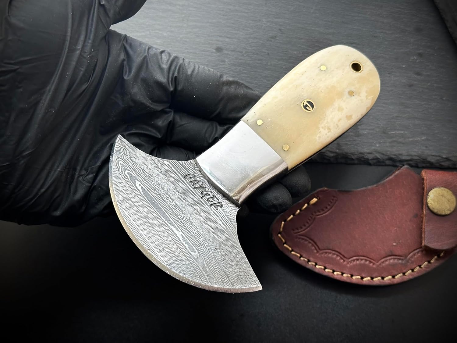 Handmade Damascus Steel Round Head Leather Cutting Knife | Bone Handle - Premium Craftsmanship for Precision Cuts | Durability (QD-15)