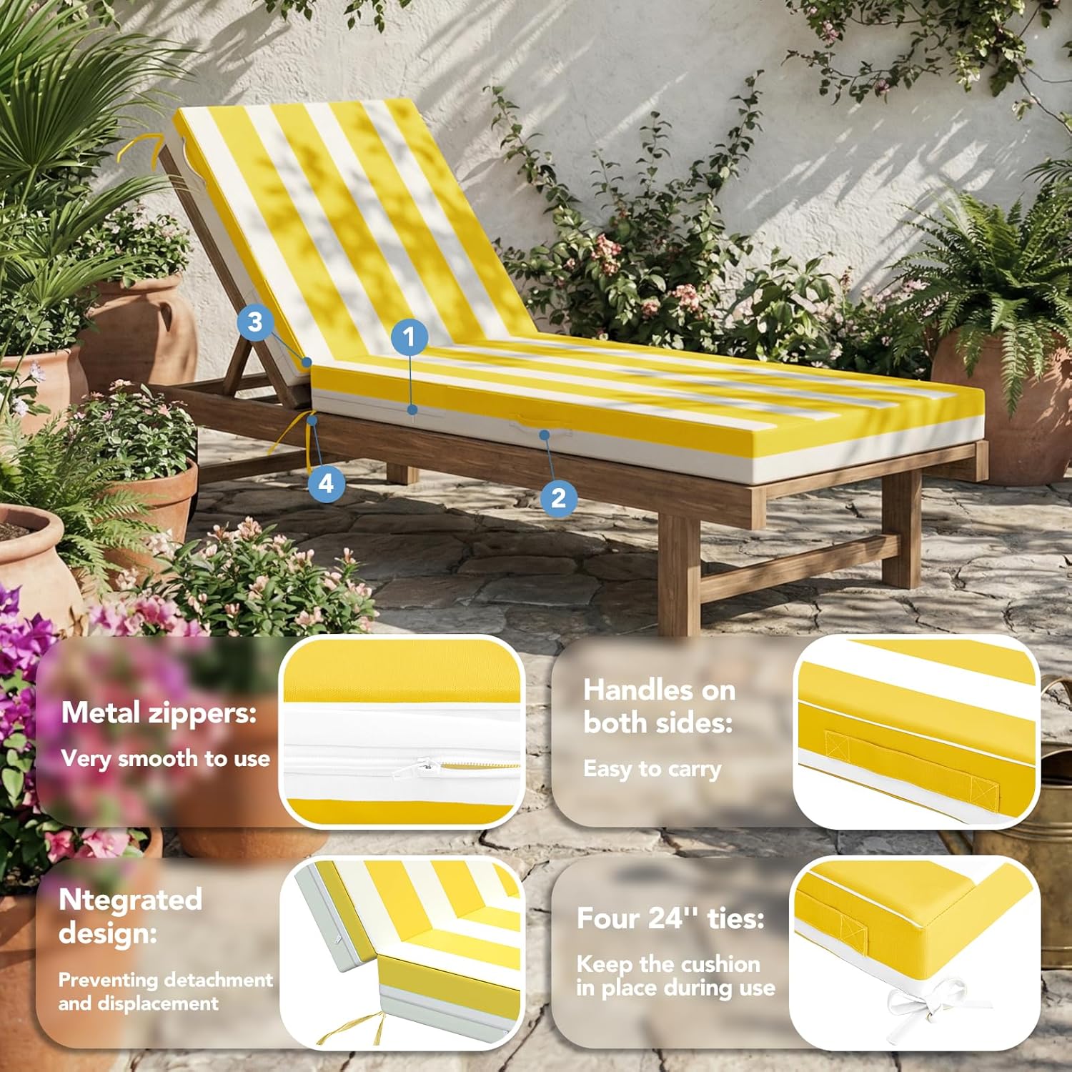 L'AGRATY Outdoor Lounge Chaise Cushion: 72x21x3 Inch Waterproof Lounge Chair Cushion for Outdoor Furniture with Fade Resistant Removable Cover - Patio Cushions for Pool Lawn Deck(Yellow White 2Pcs)