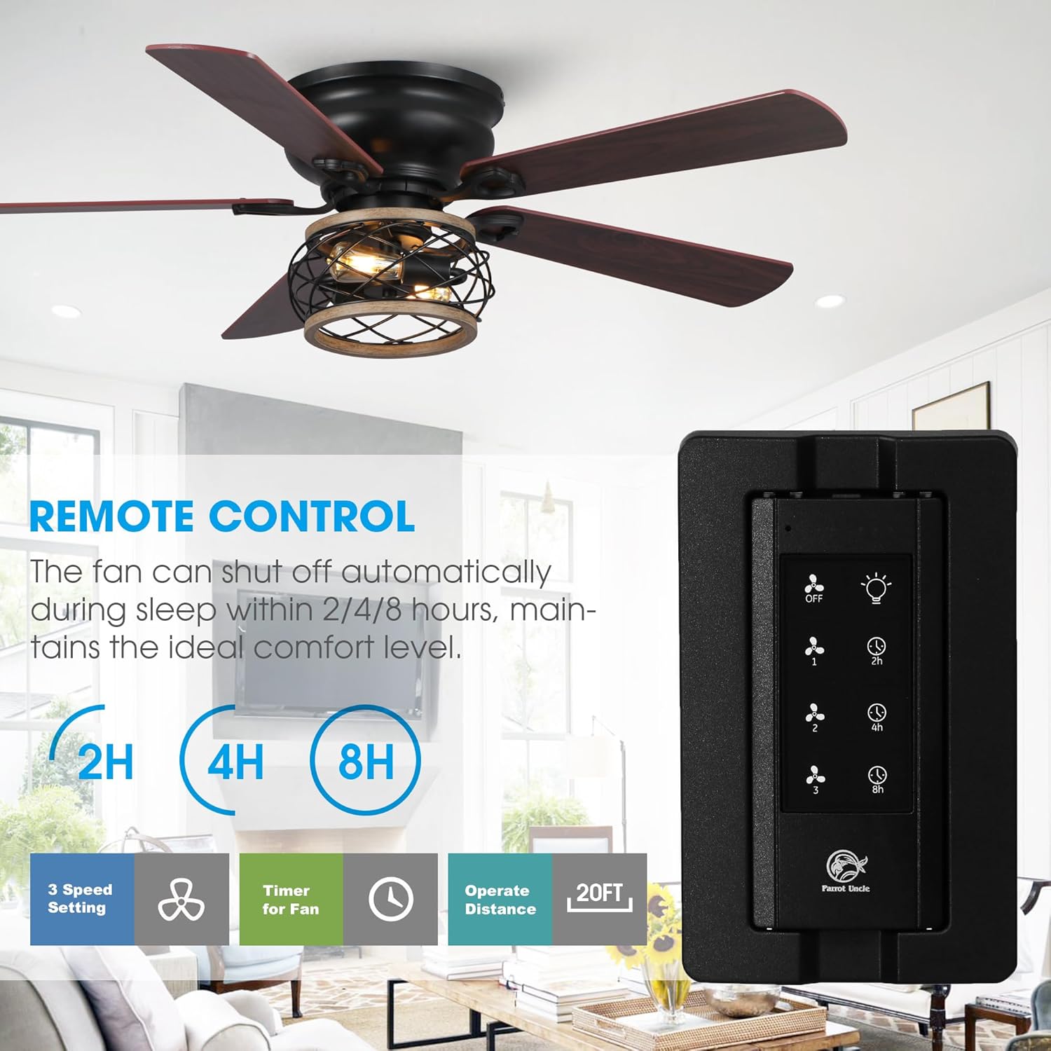 Ceiling Fans with Lights Low Profile 48 Inch Farmhouse Flush Mount Ceiling Fan with Light and Remote Control, Black Chandelier Fans for Bedroom, Reversible AC Motor, Timer, Ventilador de Techo con Luz