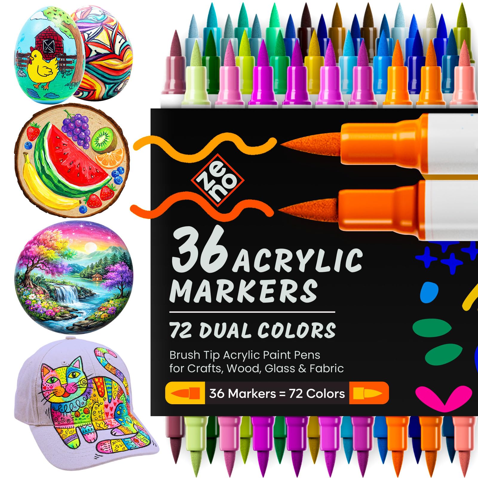 ZENO Acrylic Paint Markers for Rocks – 72 Colors Dual Tone Acrylic Markers Set, 36 Dual-Color Brush Tip Markers, Water-Based Acrylic Paint Pens for Coloring, Crafts, Wood, Glass, Fabric, Art Supplies
