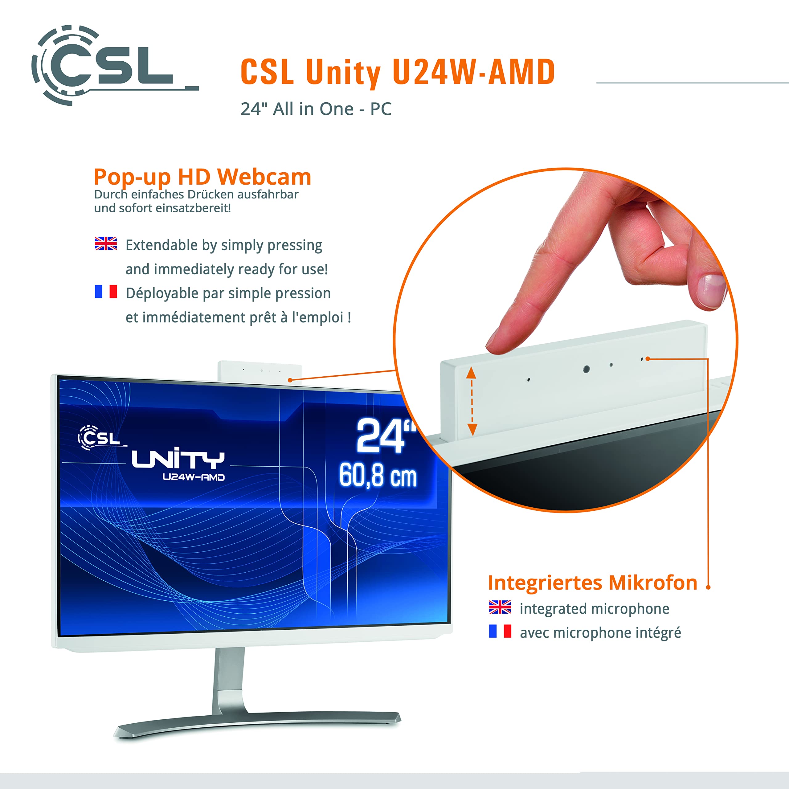 PC Tout-en-Un CSL Unity U24W-AMD, 60,5 cm (23,8 Pouces, 1920x1080 Full HD) - AIO Puissant (AMD Ryzen 7 5700G CPU 8x3800 MHz, 2000 Go SSD, 32 Go DDR4-RAM, Windows 11 Pro), Blanc
