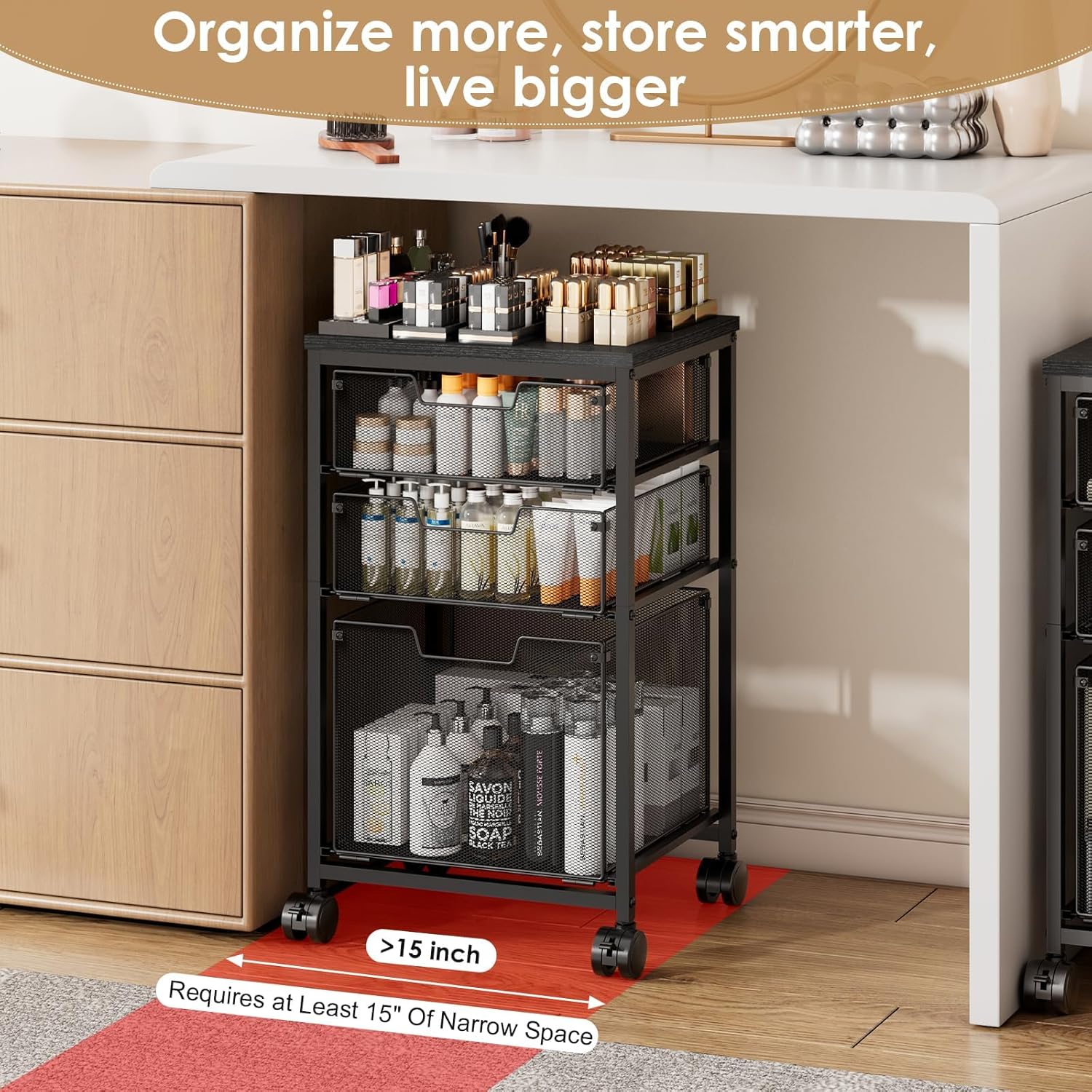 Rolling Storage Cart with 1 Large+2S Drawers, Metal Utility Cart on Wheels with Wooden Top, Craft Art Storage Organizer Cart for Classroom, Office, Home - Image 3