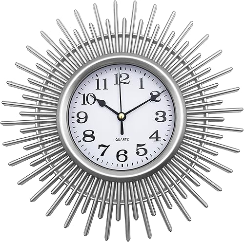Silver Sunburst - Reloj de pared pequeño de 10 pulgadas, funciona con pilas, moderno reloj de pared decorativo redondo para sala de estar,