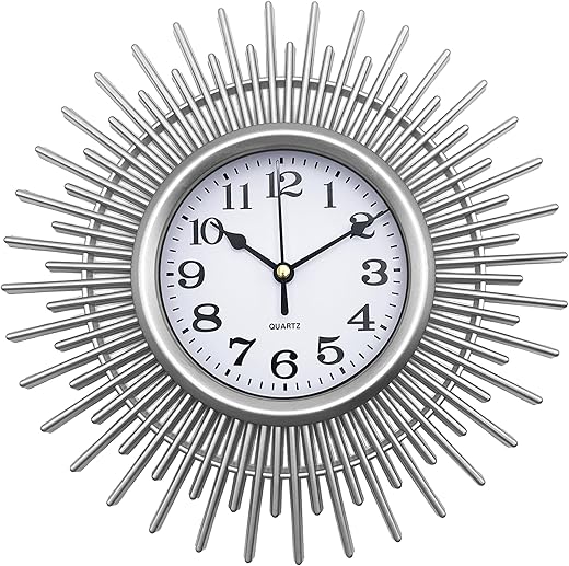 Sunburst 10 Inch Small Wall Clock, Silver Round Analog Clock Battery Operated, Modern Decorative Wall Clock for Living Room, Kitchen, Office, Bathroom