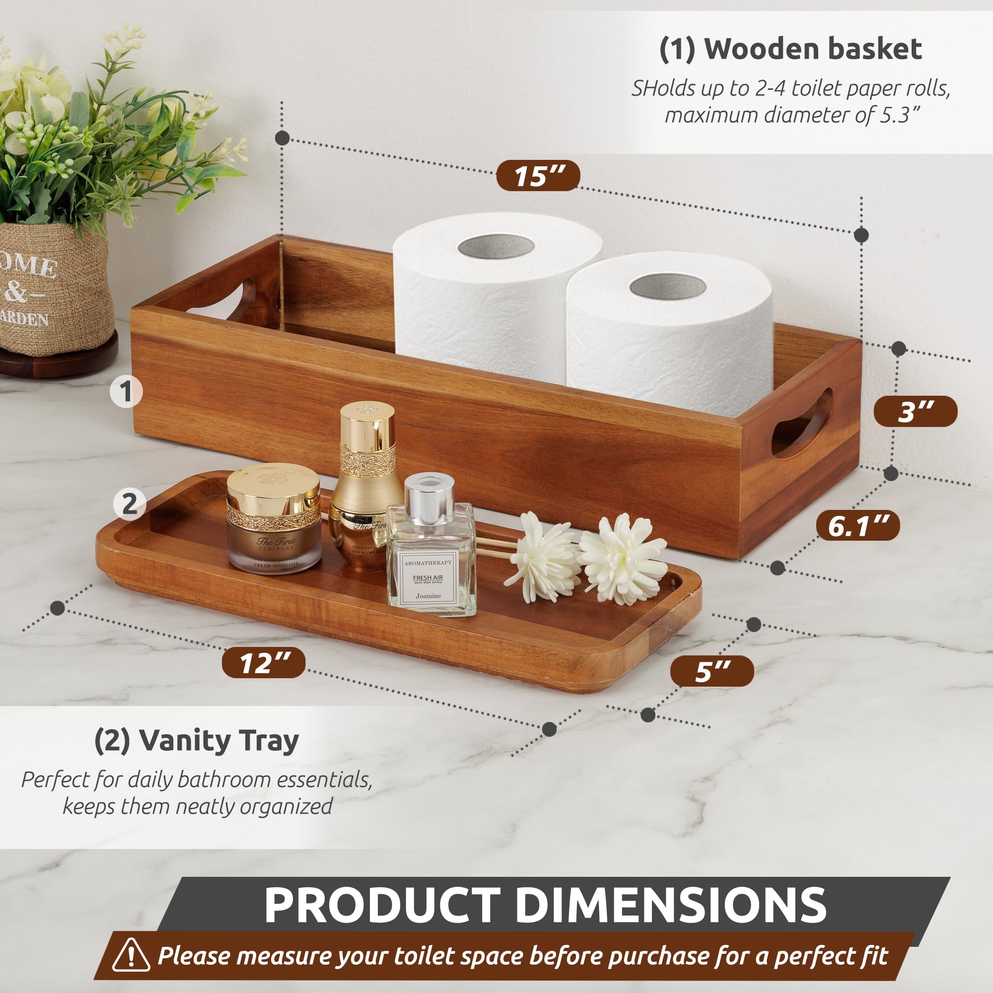 Acacia Wood Toilet Tray & Decor Set -2